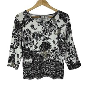 Vintage Take Two Pullover Top Women's Medium Paisley Black White Sequins Floral
